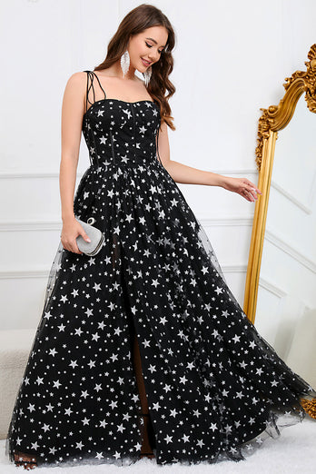 Tulle A-Line Spaghetti Straps Black Long Formal Dress with Stars