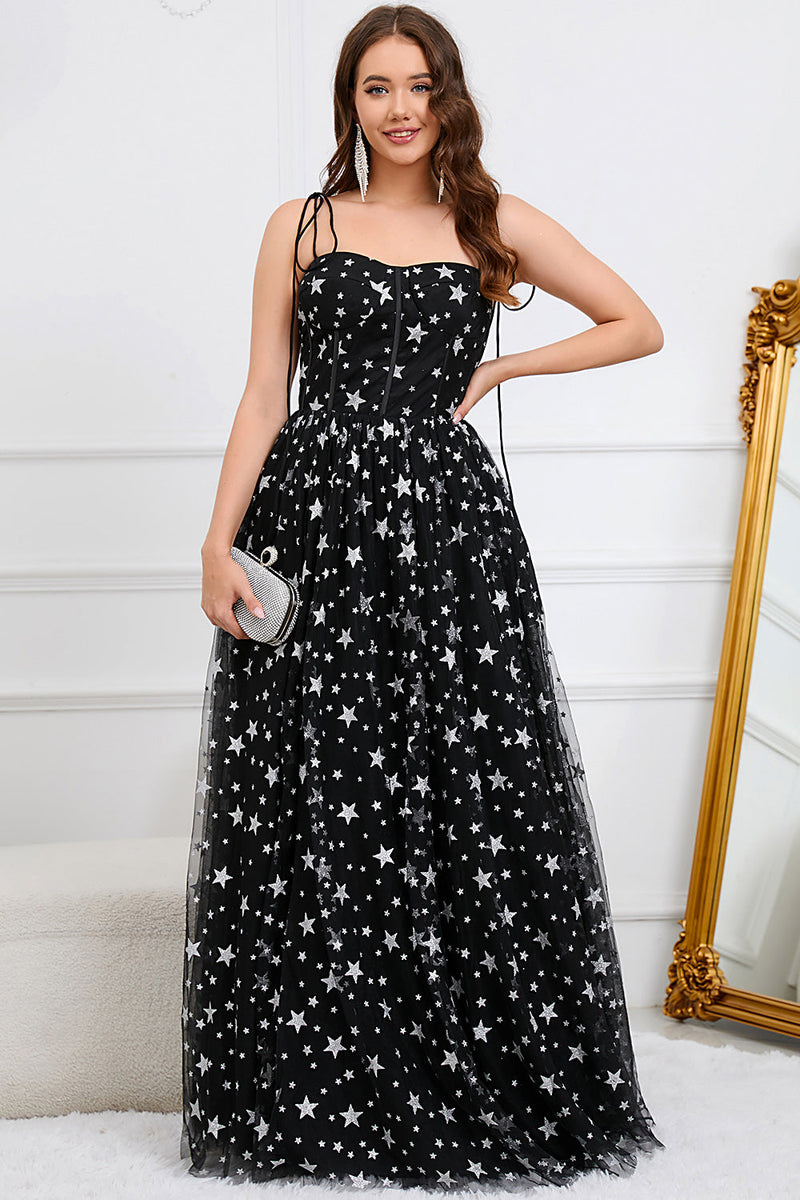 Load image into Gallery viewer, Tulle A-Line Spaghetti Straps Black Long Formal Dress with Stars