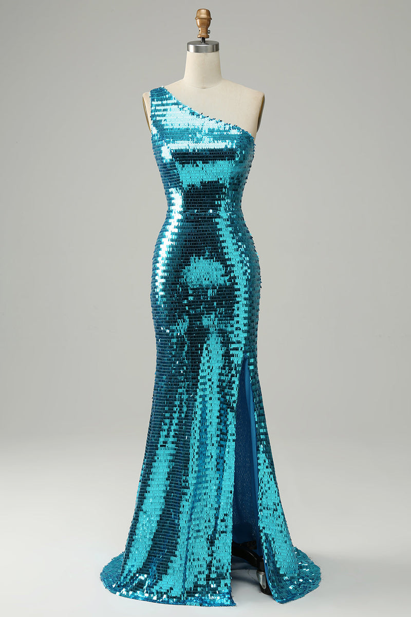 Load image into Gallery viewer, Sparkly Blue Sequins One Shoulder Long Formal Dress with Slit
