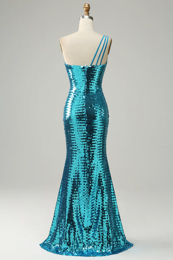 Sparkly Blue Sequins One Shoulder Long Formal Dress with Slit