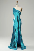 Load image into Gallery viewer, Sparkly Blue Sequins One Shoulder Long Formal Dress with Slit