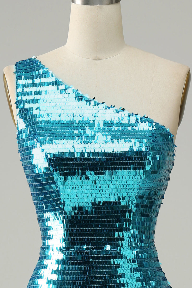 Load image into Gallery viewer, Sparkly Blue Sequins One Shoulder Long Formal Dress with Slit