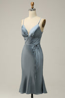 Load image into Gallery viewer, Spaghetti Straps Satin Blue Bridesmaid Dress