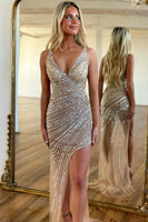 Load image into Gallery viewer, Golden Sparkly Beaded Long Formal Dress with Slit