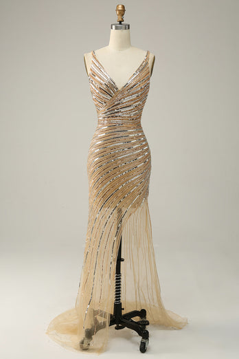 Sparkly Golden Backless Beaded Long Formal Dress with Slit