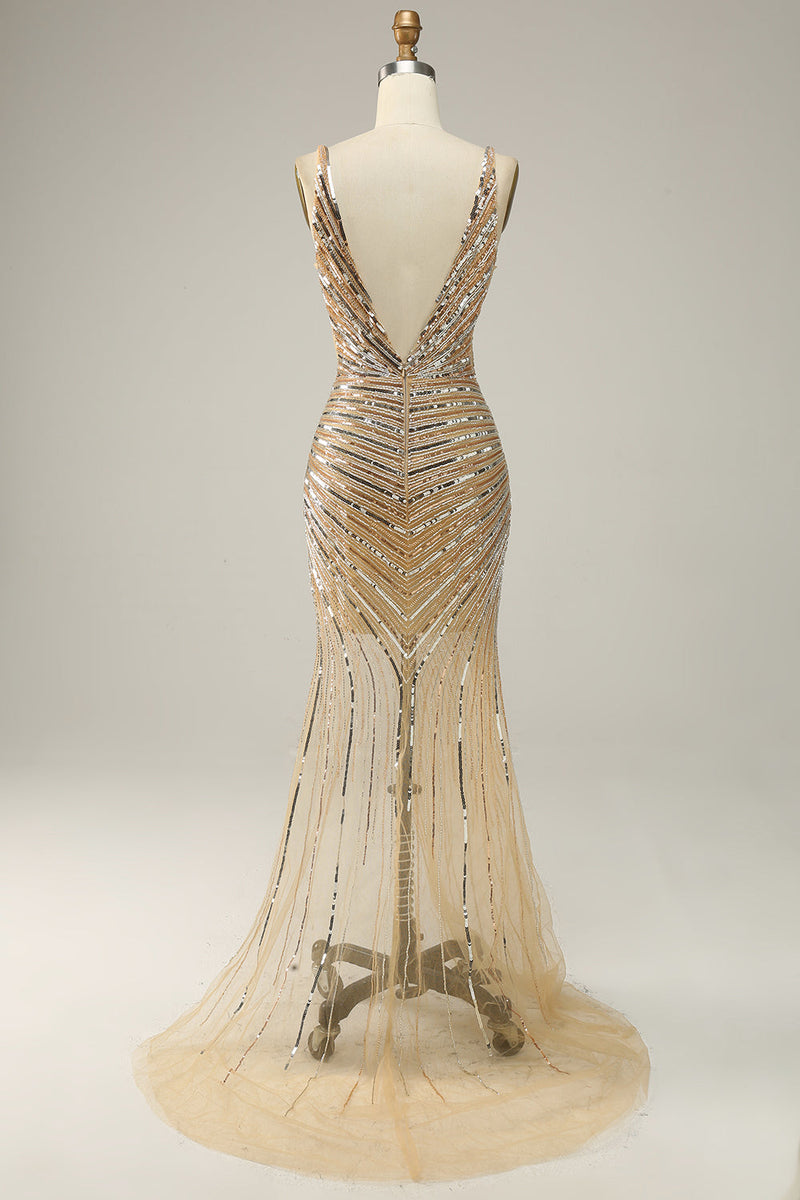 Load image into Gallery viewer, Sparkly Golden Backless Beaded Long Formal Dress with Slit