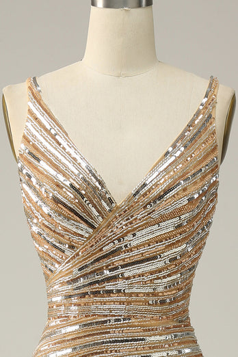 Sparkly Golden Backless Beaded Long Formal Dress with Slit