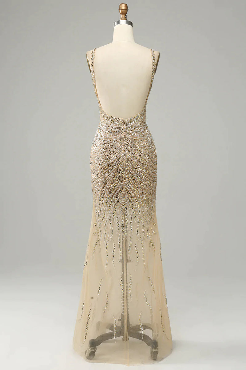 Load image into Gallery viewer, Golden Backless Sequin Formal Dress