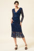 Load image into Gallery viewer, V Neck Navy Beaded and Sequin Tea Length Formal Dress