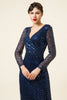 Load image into Gallery viewer, V Neck Navy Beaded and Sequin Tea Length Formal Dress