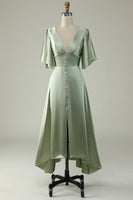 Load image into Gallery viewer, Satin Deep V-Neck Light Green Long Formal Dress with Button