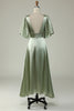 Load image into Gallery viewer, Satin Deep V-Neck Light Green Long Formal Dress with Button