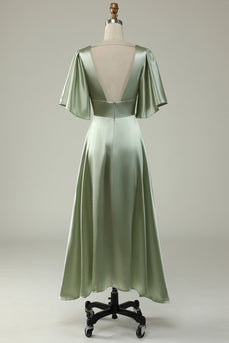 Satin Deep V-Neck Light Green Long Formal Dress with Button