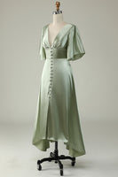 Load image into Gallery viewer, Satin Deep V-Neck Light Green Long Formal Dress with Button