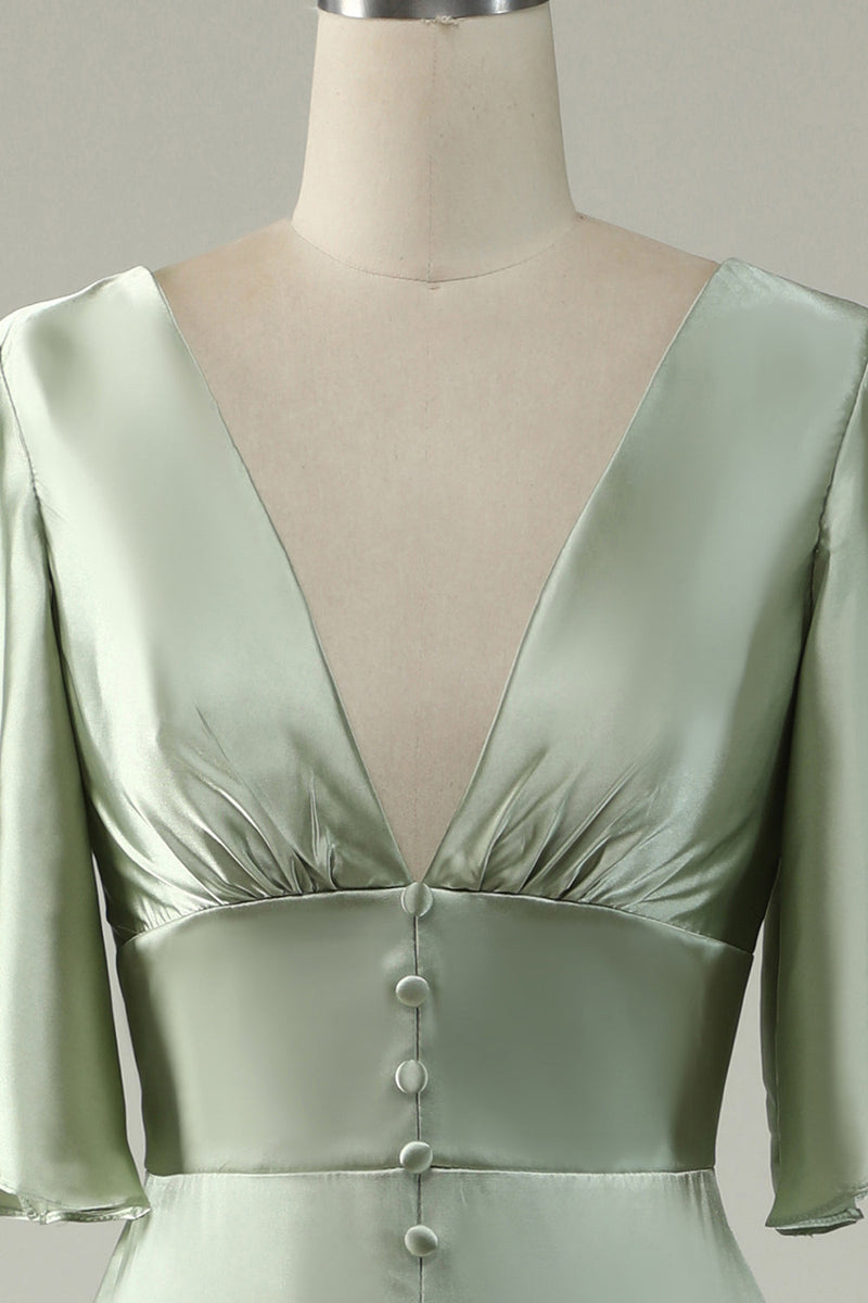 Load image into Gallery viewer, Satin Deep V-Neck Light Green Long Formal Dress with Button