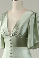 Load image into Gallery viewer, Satin Deep V-Neck Light Green Long Formal Dress with Button