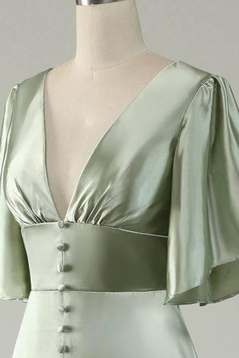Satin Deep V-Neck Light Green Long Formal Dress with Button