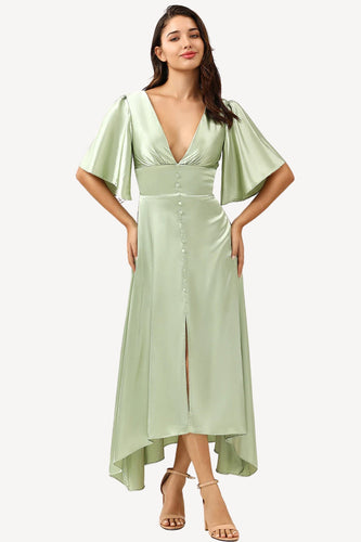 Satin Light Green Long Prom Dress with Button