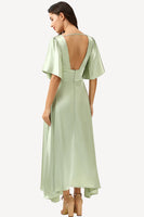 Load image into Gallery viewer, Satin Light Green Long Prom Dress with Button