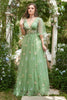 Load image into Gallery viewer, A-Line V-Neck Embroidery Green Long Formal Dress with Short Sleeves