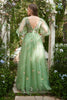 Load image into Gallery viewer, A-Line V-Neck Embroidery Green Long Formal Dress with Short Sleeves