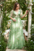 Load image into Gallery viewer, A-Line V-Neck Embroidery Green Long Formal Dress with Short Sleeves