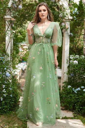 A-Line V-Neck Embroidery Green Long Formal Dress with Short Sleeves