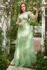 Load image into Gallery viewer, A-Line V-Neck Embroidery Green Long Formal Dress with Short Sleeves