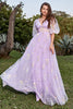 Load image into Gallery viewer, A-Line V-Neck Embroidery Lavender Long Formal Dress with Short Sleeves