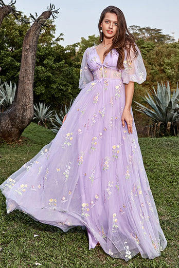 A-Line V-Neck Embroidery Lavender Long Formal Dress with Short Sleeves