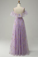 Load image into Gallery viewer, A-Line V-Neck Spaghetti Straps Embroidery Lavender Long Formal Dress with Slit