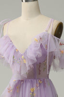 Load image into Gallery viewer, A-Line V-Neck Spaghetti Straps Embroidery Lavender Long Formal Dress with Slit