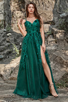 Load image into Gallery viewer, Dark Green A Line Tulle Formal Dress with Slit