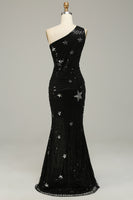 Load image into Gallery viewer, Sparkly Sequins Black One Shoulder Long Formal Dress with Stars