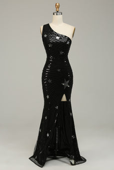 Sparkly Sequins Black One Shoulder Long Formal Dress with Stars