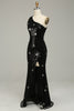 Load image into Gallery viewer, Sparkly Sequins Black One Shoulder Long Formal Dress with Stars