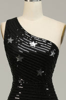Load image into Gallery viewer, Sparkly Sequins Black One Shoulder Long Formal Dress with Stars