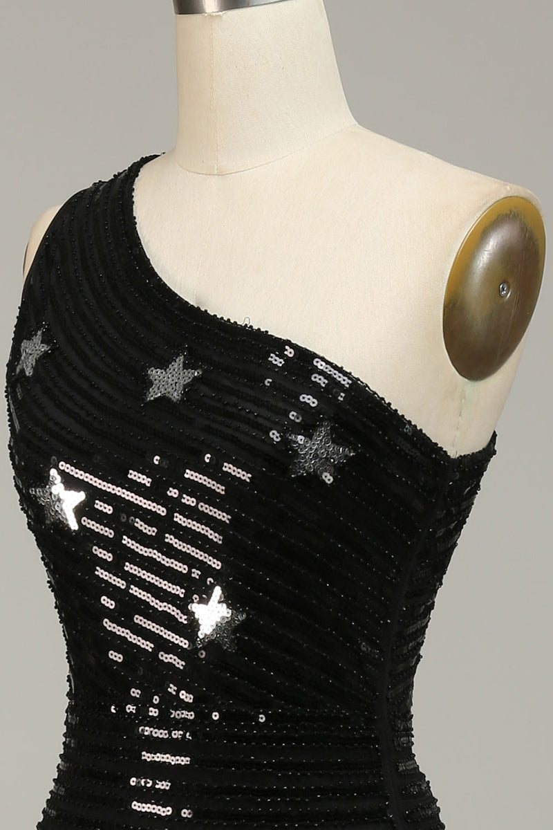 Load image into Gallery viewer, Sparkly Sequins Black One Shoulder Long Formal Dress with Stars