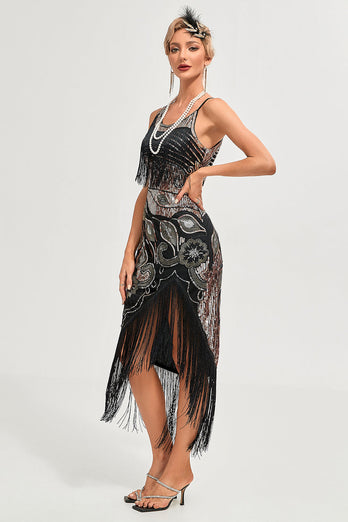 Black Spaghetti Straps Gatsby Fringed Flapper Dress