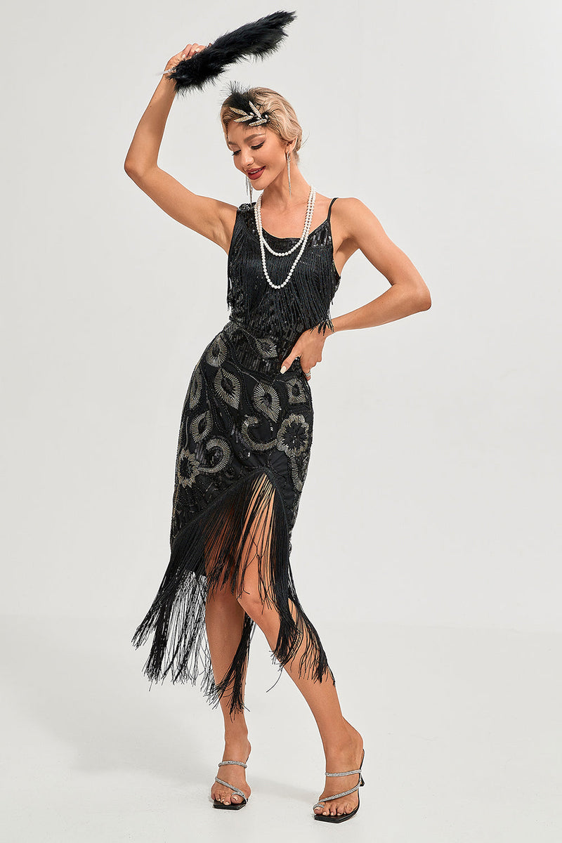 Load image into Gallery viewer, Black Spaghetti Straps Gatsby Fringed Flapper Dress