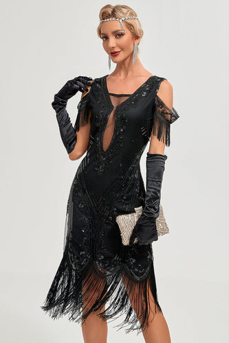 Black Cold Shoulder Sequins Fringes 1920s Gatsby Dress