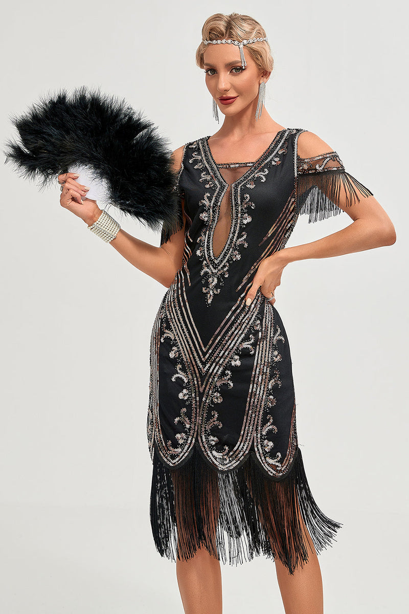 Load image into Gallery viewer, Black Cold Shoulder Sequins Fringes 1920s Gatsby Dress