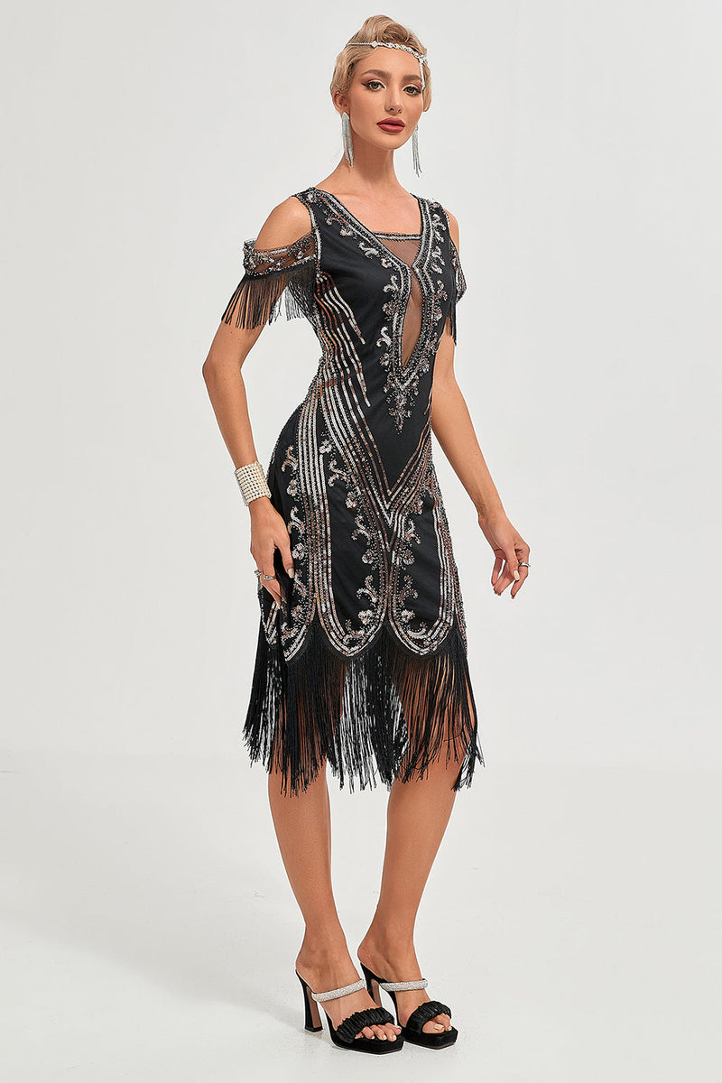 Load image into Gallery viewer, Black Cold Shoulder Sequins Fringes 1920s Gatsby Dress