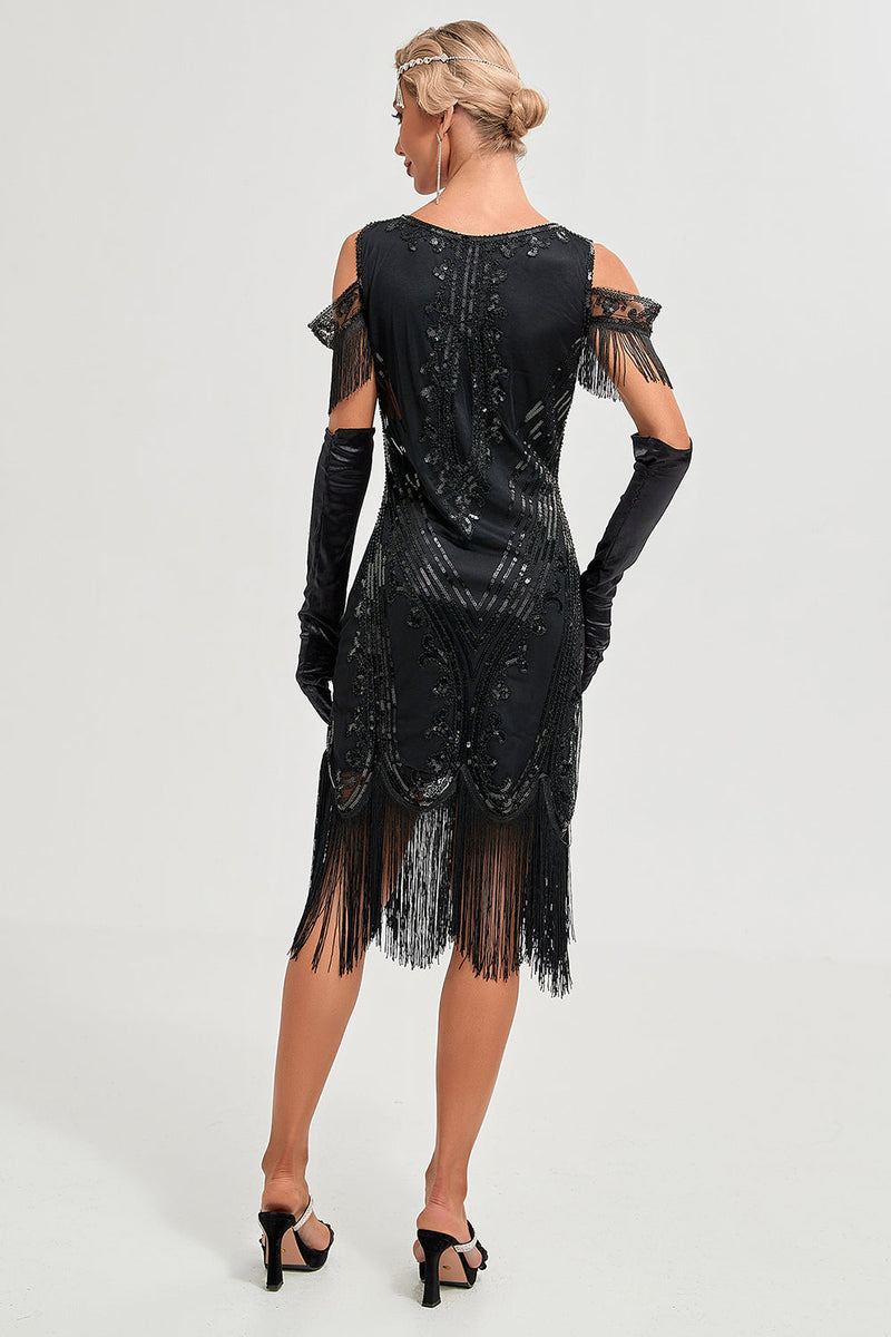 Load image into Gallery viewer, Black Cold Shoulder Sequins Fringes 1920s Gatsby Dress