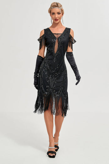 Black Cold Shoulder Sequins Fringes 1920s Gatsby Dress