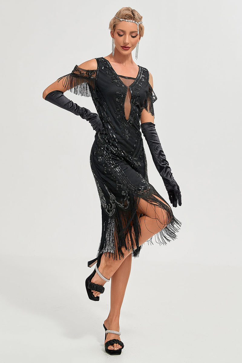 Load image into Gallery viewer, Black Cold Shoulder Sequins Fringes 1920s Gatsby Dress