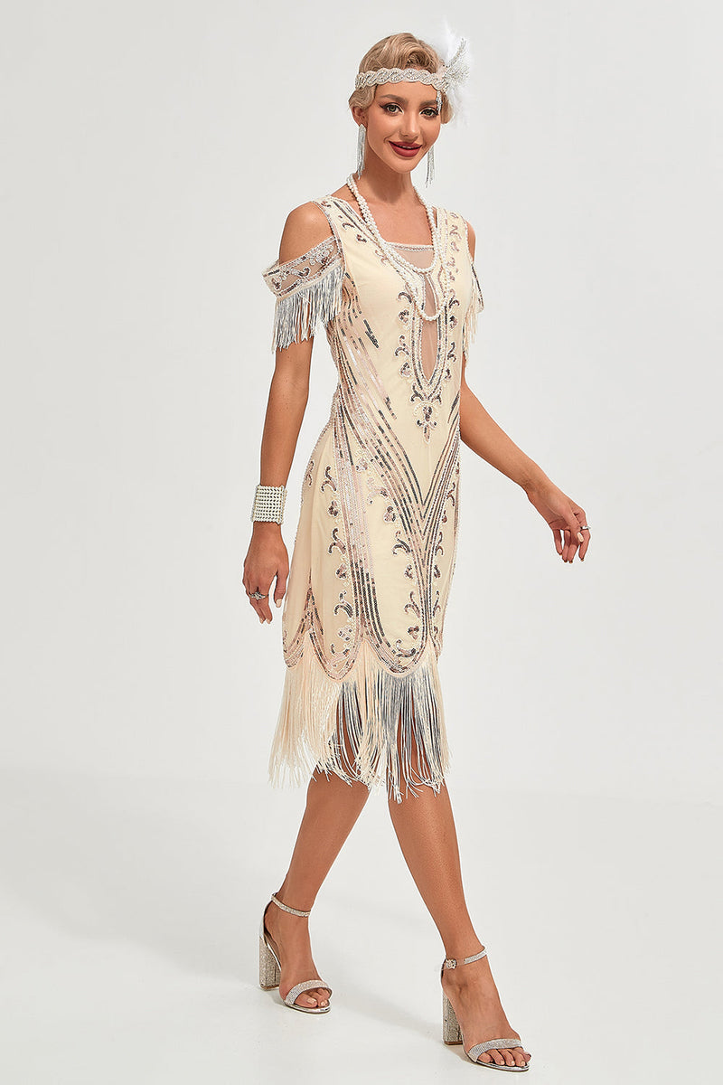 Load image into Gallery viewer, Black Cold Shoulder Sequins Fringes 1920s Gatsby Dress