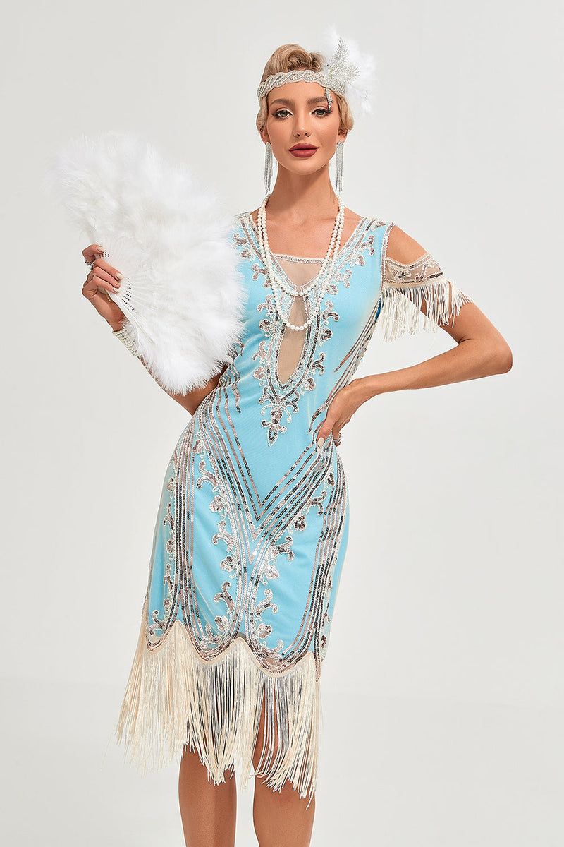 Load image into Gallery viewer, Black Cold Shoulder Sequins Fringes 1920s Gatsby Dress