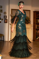 Load image into Gallery viewer, Sheath V Neck Black Sequins Long 1920s Flapper Dress with Fringes