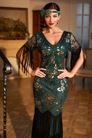 Load image into Gallery viewer, Sheath V Neck Dark Green Sequins Long 1920s Flapper Dress with Fringes